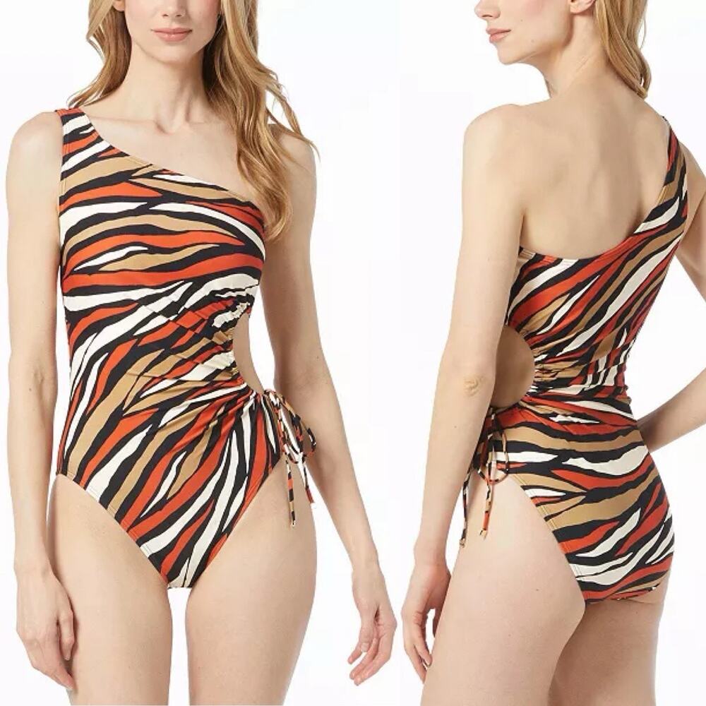 Michael Kors One-Shoulder Cutout One Piece Swimsuit Terracotta Women's 10 NWT